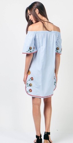 Zara Blue Off Shoulder Floral Embroidered Cotton Dress Boho XS - Picture 3 of 10