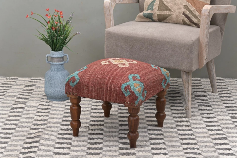 Handcrafted Acacia Wood Stool | Decorative Kilim Upholstered Pouf Footstool - Image 2 of 4