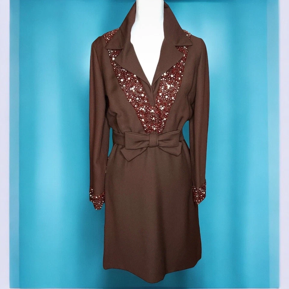 60s Groovy Brown Heavily Accent Beaded Rhinestones Vintage Mod Mini Dress S - Image 2 of 4
