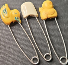 Vintage Baby Safety Pins Duck Design Yellow White Unisex Set