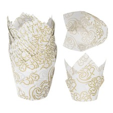50 Pcs Tulip Baking Cups Cupcake Muffins Liners Paper, White/Gold