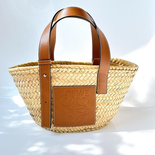 LOEWE Anagram Raffia Basket Small Bag Leather Shoulder Authentic Excellent