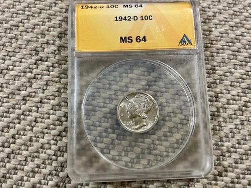 1942-D ANACS MS-64 MERCURY DIME 90% fine silver