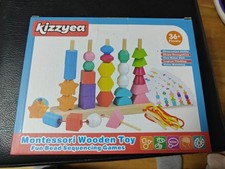 Montessori Wooden Beads Sequencing Toy Set, Stacking Blocks Lacing Beads ...