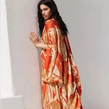 Free People Palm Shadow Maxi Kaftan Kimono Orange Silky Cover-Up One Size B21