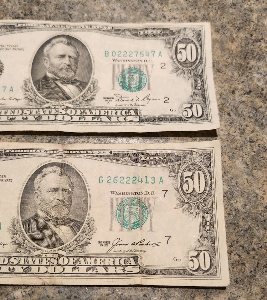1981 And 1985 $50 Dollar Bills Triple number 222 - Image 3 of 4