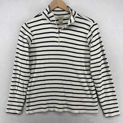 LL BEAN Sweater Womens S Striped 1/4 Zip Mock Neck Coastal Pullover Cotton White