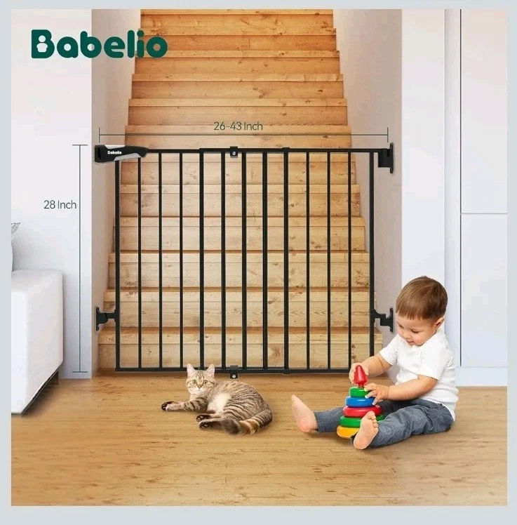 Babelio 26-43" No Bottom Bar Baby Gate for Babies and Pets Black 2-in-1
