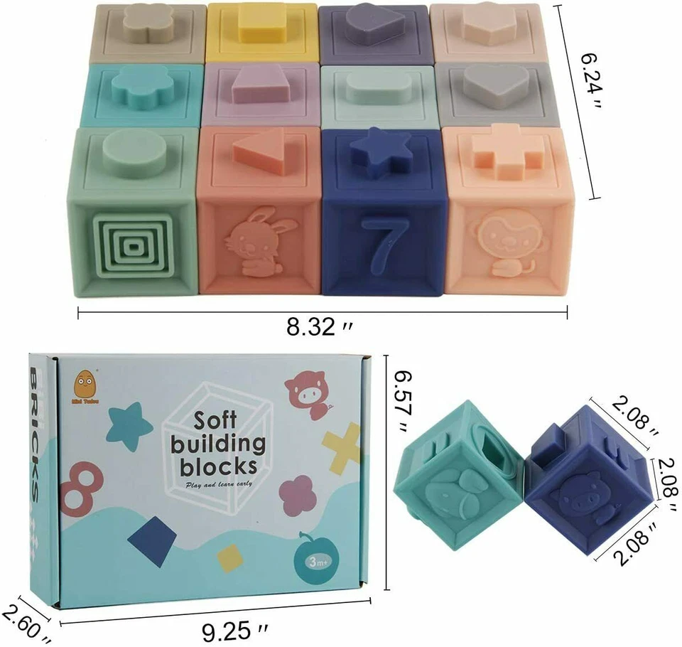 Blocos empilháveis Mutilcolor cubo de borracha tijolos brinquedos para bebê de 0 a 12 meses - Imagem 4 de 4