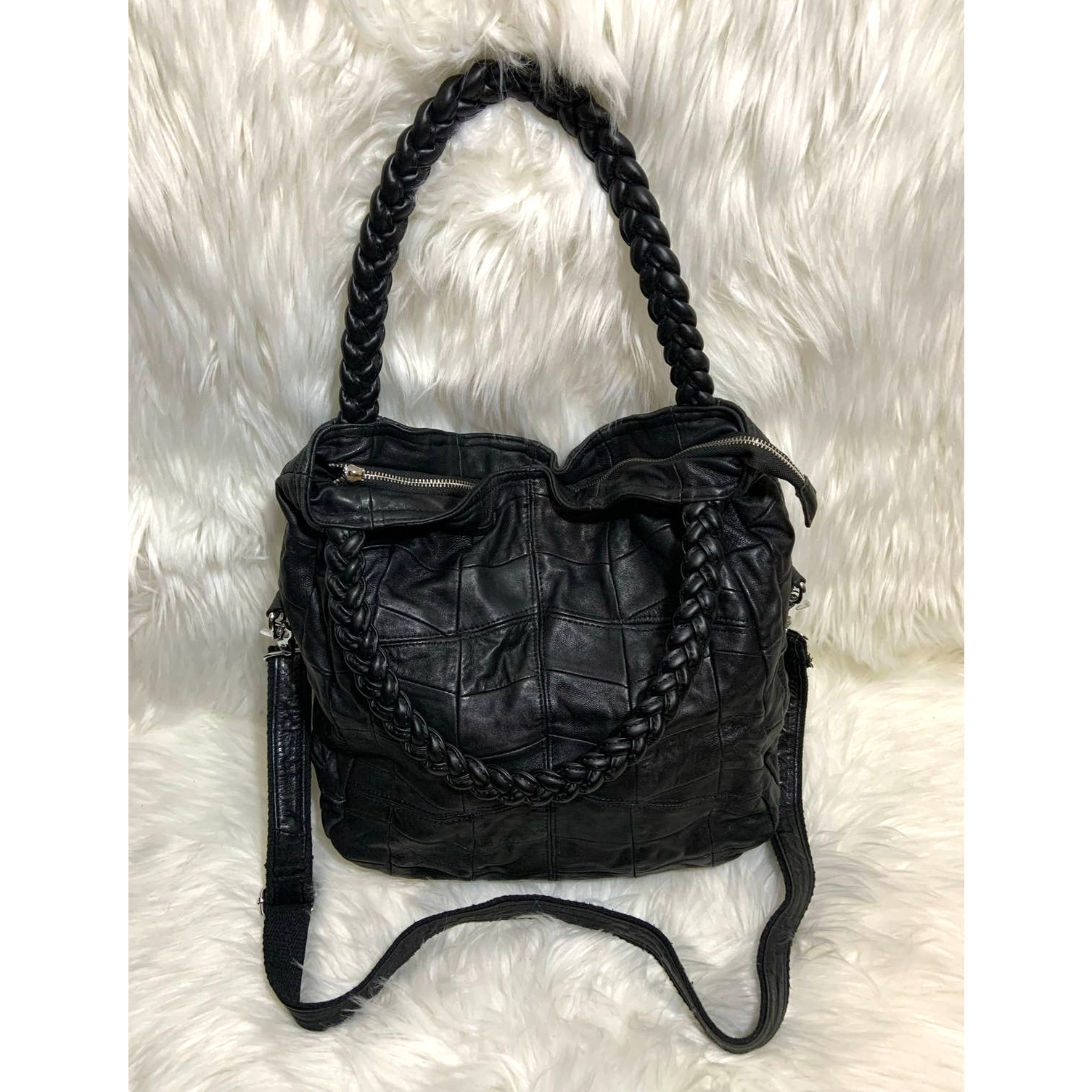 Women's Patchwork Design Double Handle Braided Le… - image 1