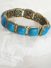 Fossil Stretch Square Blue Beaded Link Bracelet w/ Dark Gold Colored Hardware