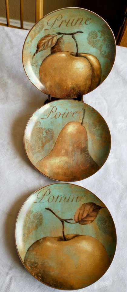 Set 3 Pier 1 Imports Fruit Dessert Plates Blue 8.50" Round Pomme, Prune, Poire - Image 3 of 4