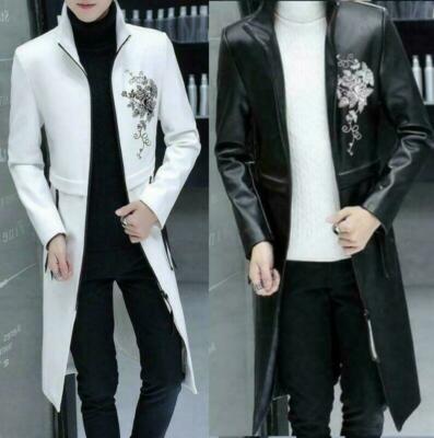 Printing Mens Eco Leather Trench Coat Slim Fit Parka Hooded/Stand Collar Fashion