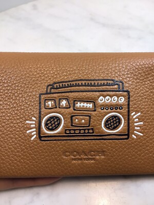 COACH Keith Haring Camel Brown Leather Boombox Phone Case Wallet