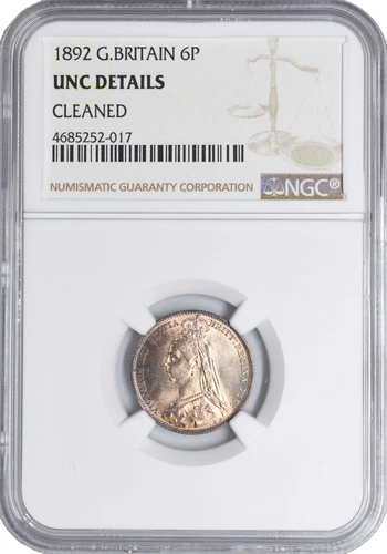 1892 UNC Great Britain Silver 6 Pence Sixpence NGC Toned! Beautiful Coin! KM 760