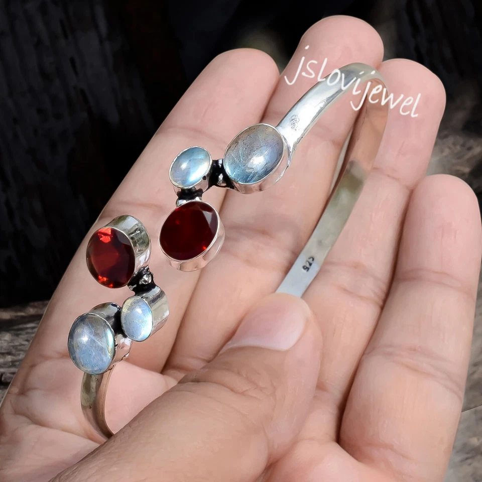 Labradorit & facettierter Granat Edelstein 925 Sterling Silber Manschette Mod... - Bild 2 von 4