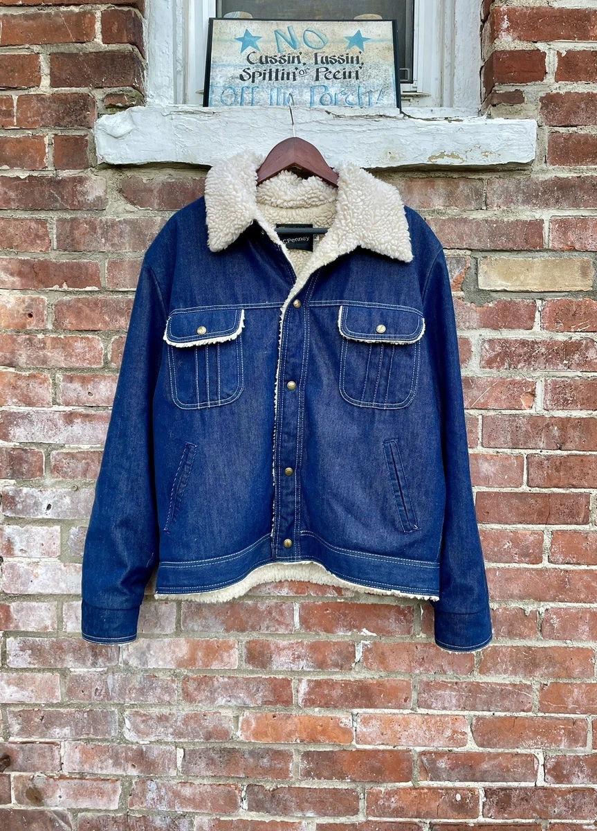 Vintage 70s JC Penney Denim Jacket Sherpa Lined High Pile Made in USA Size XL