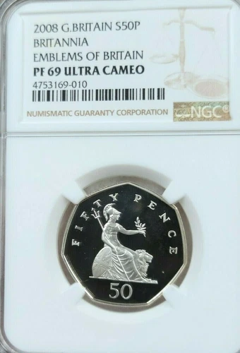 2008 GREAT BRITAIN SILVER 50 PENCE S50P BRITANNIA NGC PF 69 ULTRA CAMEO SCARCE