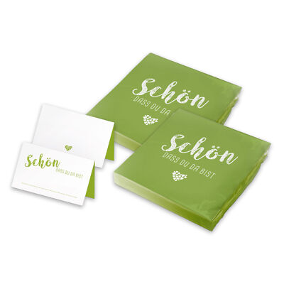 itenga 40 Servietten mit 48 Tischkarten Set Schön dass du da bist Frühlingsgrün