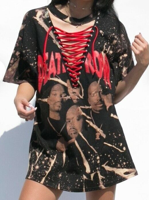 FILA T shirt Distressed Death Row maglietta da donna con lacci hip hop sbiancata XL?#C