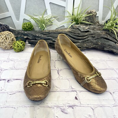 {neiman marcus} Suzy Brown Gold Bronze Metallic Quilted Flats, Horsebit Buckle