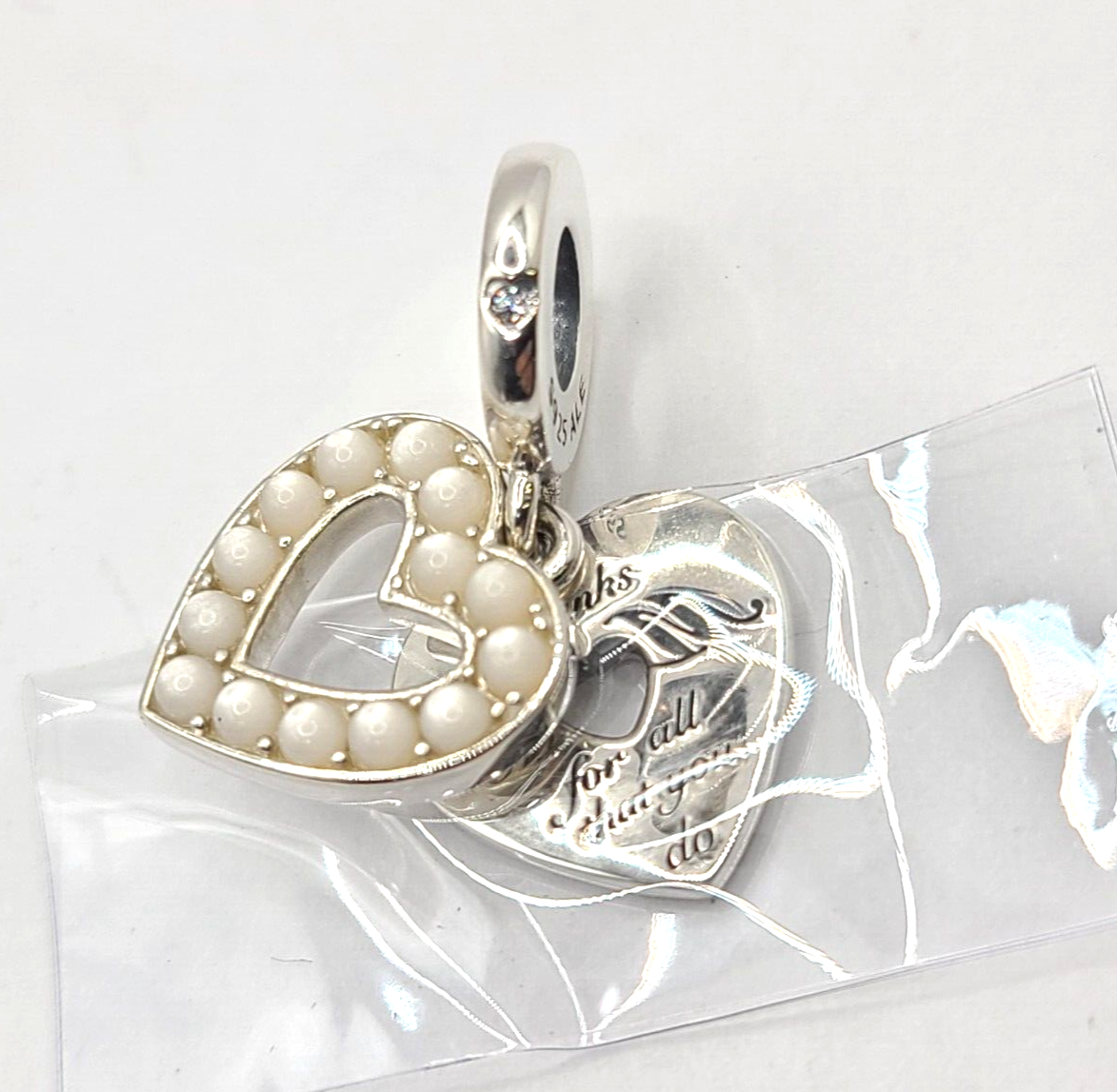Authentic Pandora #792649C01 Pearlescent White Heart Double Dangle