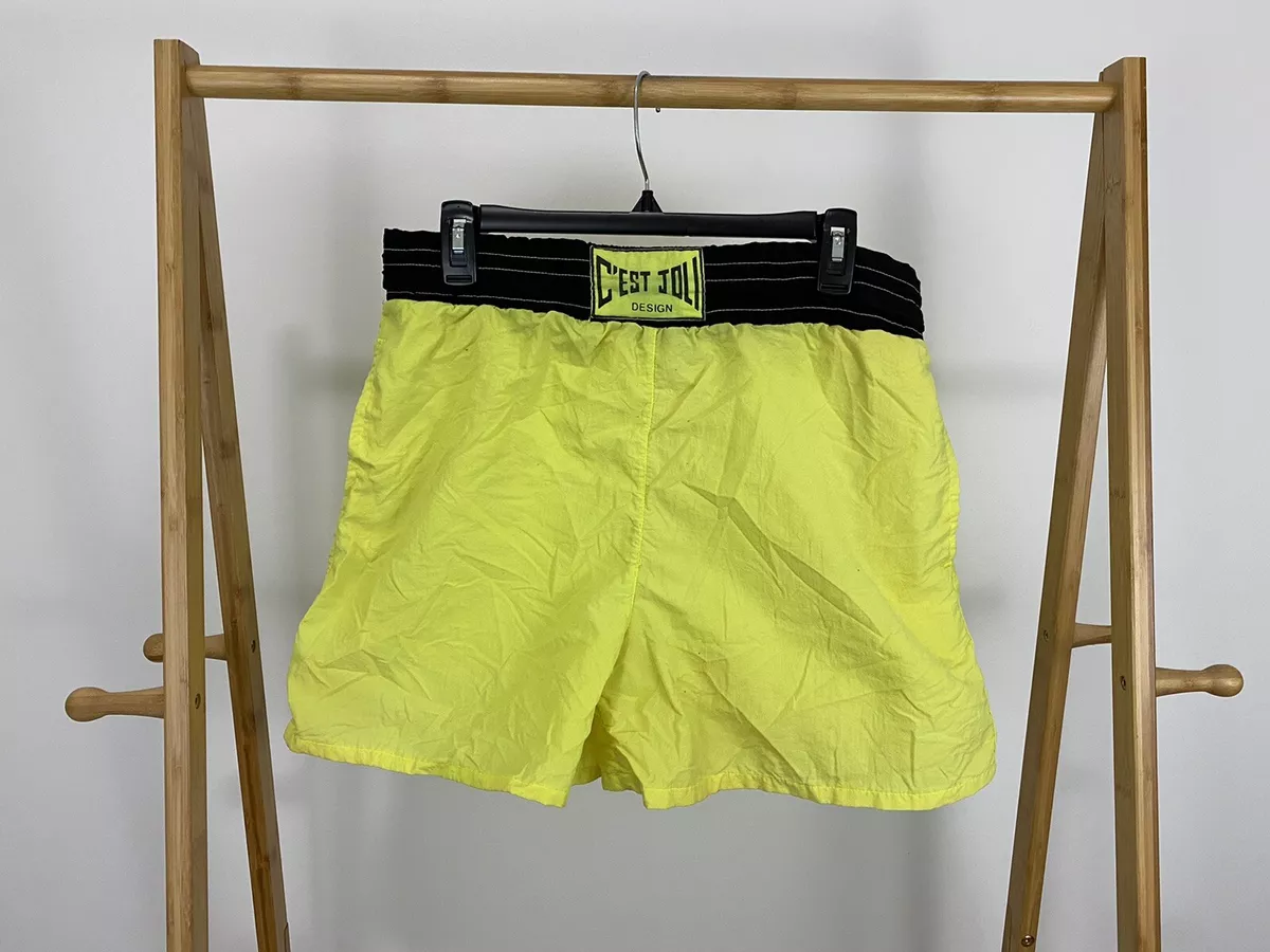 VG 80s C'EST JOLI Neon Yellow Beach Surf Casual Swim Nylon Shorts Size M