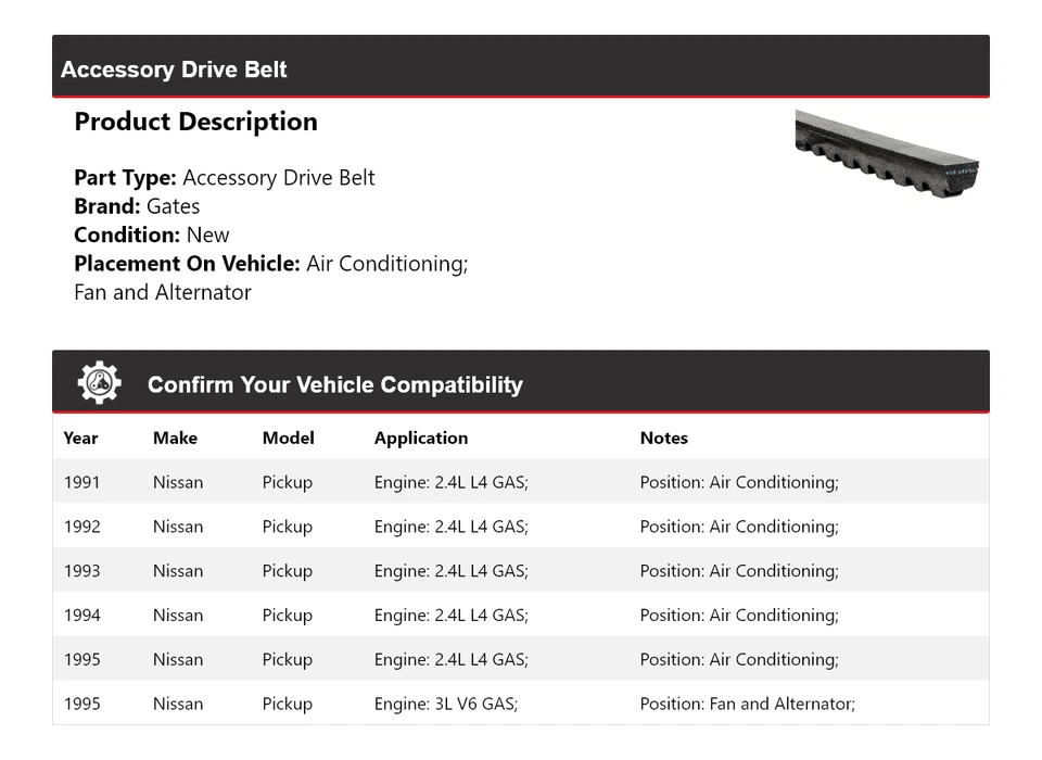 For 1991-1995 Nissan Pickup Accessory Drive Belt Gates 1992 1993 1994 - Image 2 of 4