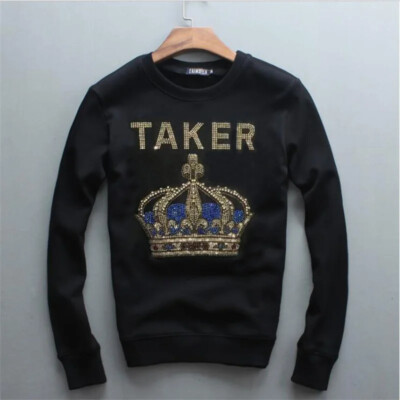 New Fashion Men Crown Trend Rhinestones Velvet Winter Warm Sweatshirt Hoodie