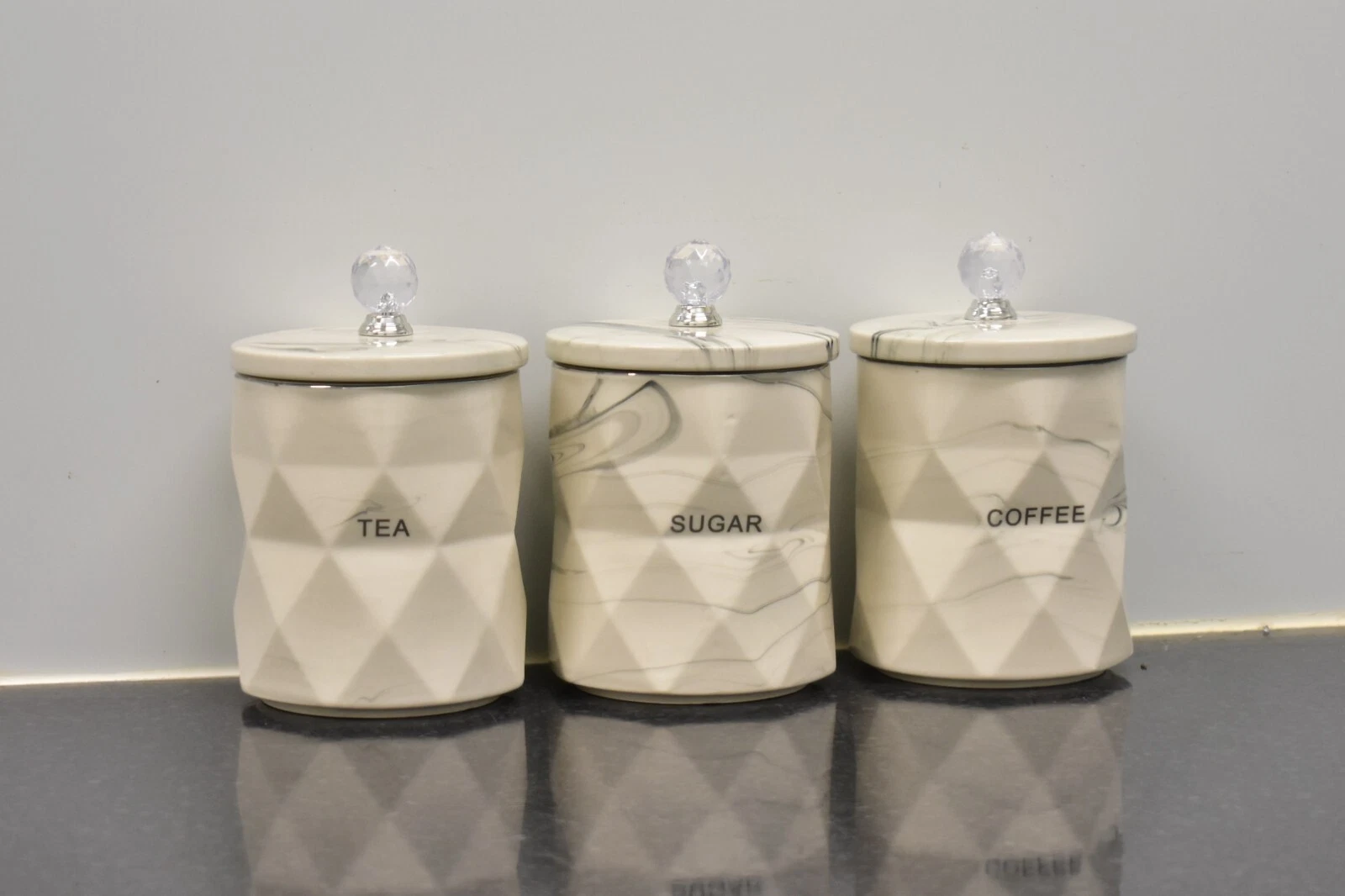 Set of 3 Cream Marble Design Coffee Tea Sugar Canisters Container Kitchen Jar