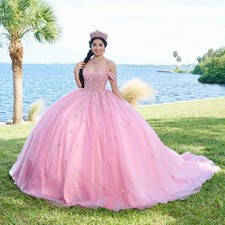 Pink Shiny Sweetheart Lace Quinceanera Dresses Off Shoulder Sweet 16 Girls Dress