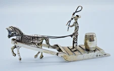 Vintage Dutch Silver Miniature Horse Drawn Cart with Man and Barrels 40gr - F026