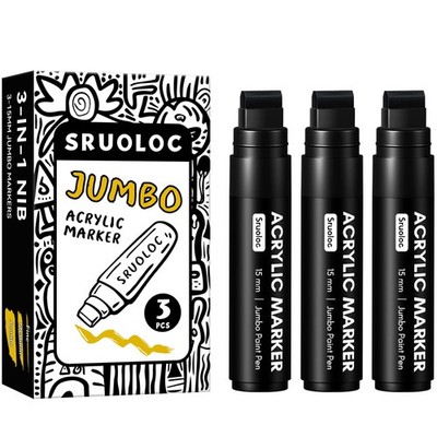 3 Jumbo Permanent Markers Black, 15mm Thick Wide Tip, Large Acrylic Paint Mar...