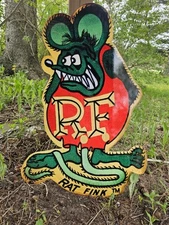 VINTAGE RAT FINK PORCELAIN SIGN 30" BIG OLD ED ROTH HOT ROD RACE CAR AUTO PARTS