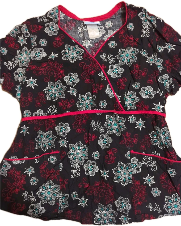 SB Scrubs Floral V-Neck Scrub Top Multi-Color Patterned Large Medical Uniform - Image 2 of 4