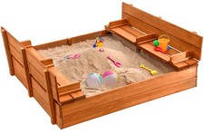 Play22 Large Outdoor Wooden Kids Sandbox with Lid that Converts to Benches