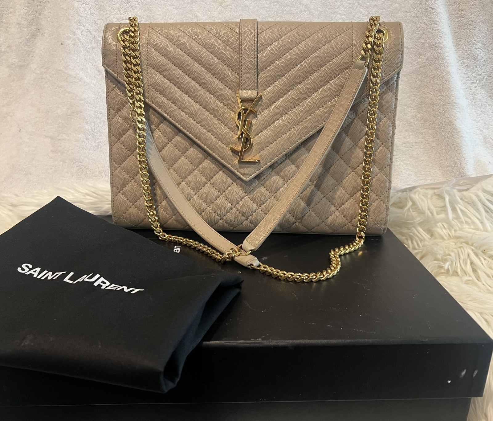 Saint Laurent Large Envelope Dark Beige Monogram Matelassé Leather Shoulder Bag