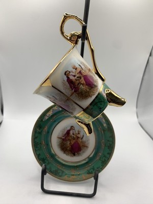 Demitasse 3-Footed Cup & Saucer-Victorian Courting Couple Gilded Giftcraft VTG
