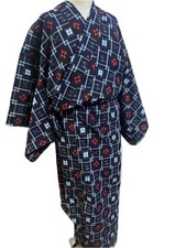 Kasuri Cotton Kimono Navy Checkered Swallow Pattern Used 155cm Length