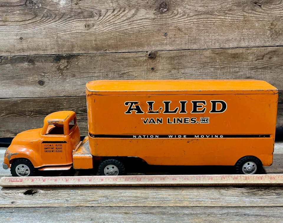1954-55 Tonka, Allied Van Lines, Semi-Tractor & Trailer, Pressed Steel, Orange - Image 3 of 4