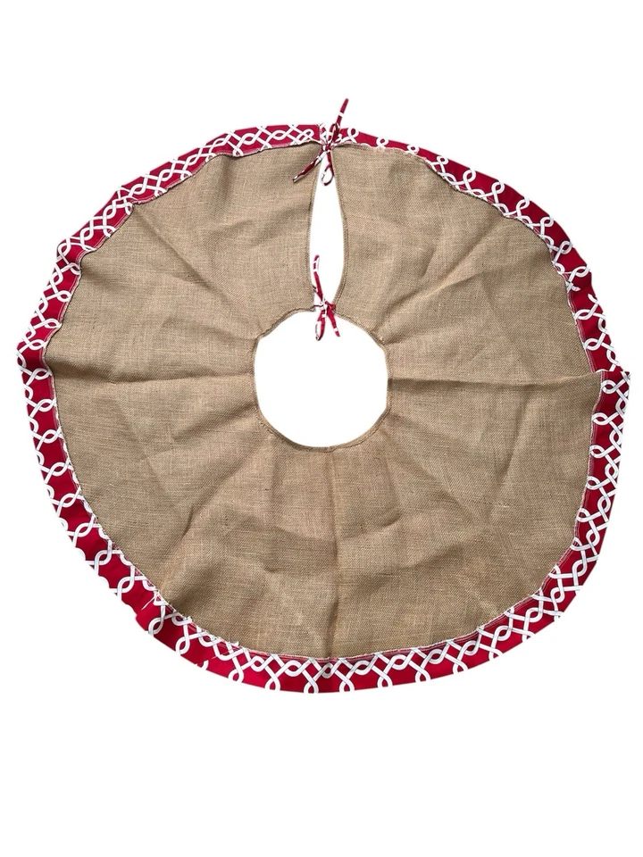 Burlap Red White Geometric Trim Christmas Tree Skirt 51” - Image 2 of 4