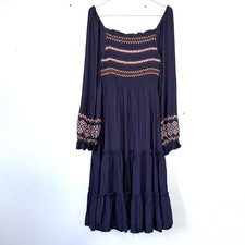 Hailey & Co Dress Large Blue Midi Tiered Smocked  Boho Cottage Prairie Peasant