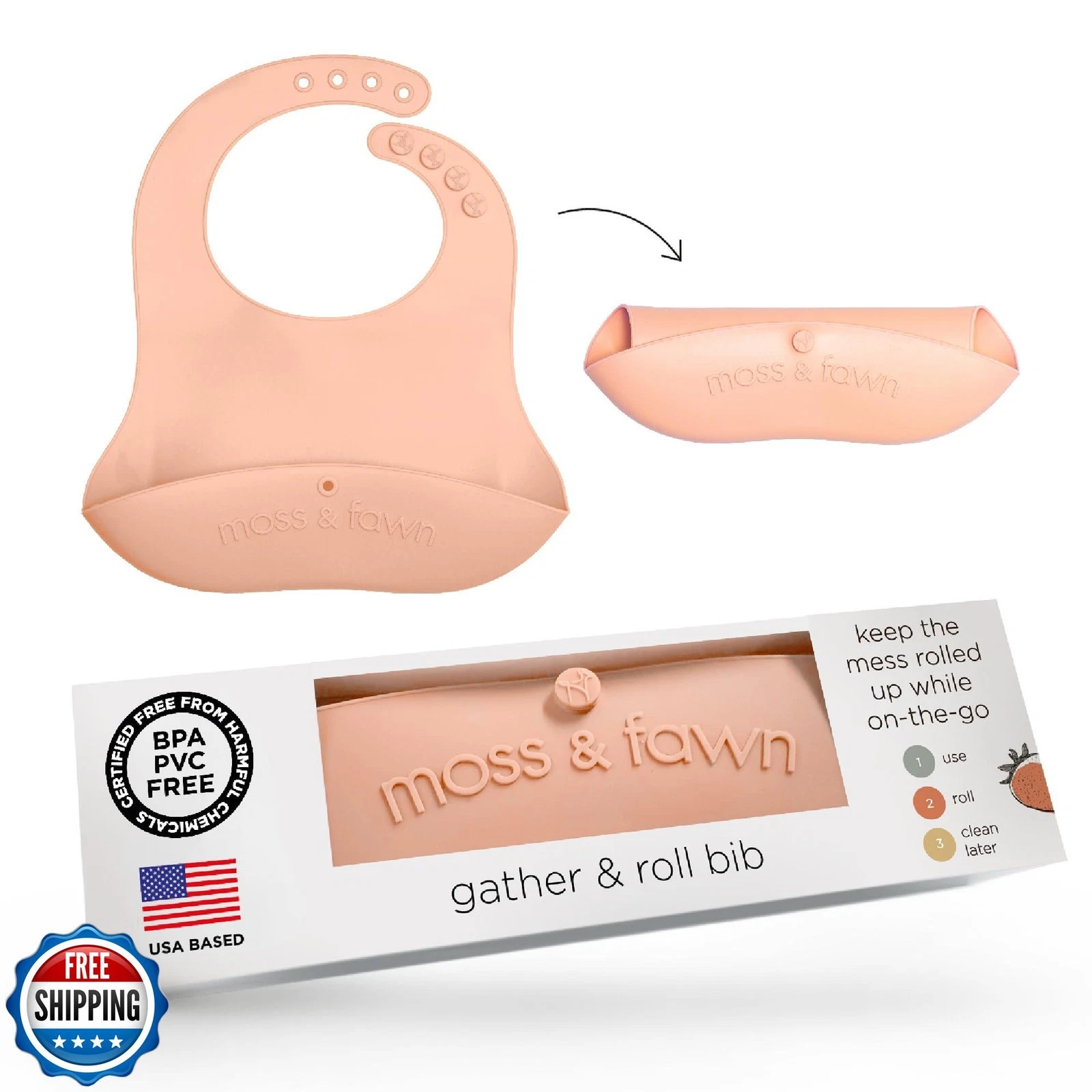 Moss and Fawn Gather and Roll Bib - Washable Waterproof Silicone Baby Feeding