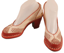 Vintage 1940s Red White Woven Leather Slingback Spectator Platform Heels Size 6