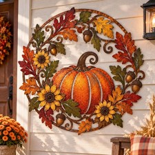 Fall Pumpkin Wall Art, 2D Metal Autumn Decor,Sunflower and Oak Leaf Wall Hanging
