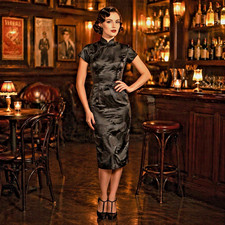 Vintage 1950  s Black Silk Cheongsam Qipao Dress Chinese Pinup