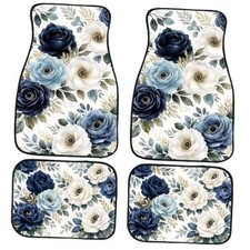 Car Floor Mats Set of 4 White Flowers Carpet Front One Size Blue Floral Peony