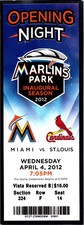 TICKET STUB 2012 Miami Marlins vs St Louis Cardinals April 4 Game 1 Opening Day