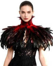 Women's Real Nature Feather Shrug Cape Lace Shawl Collar Witch Cosplay S6-red