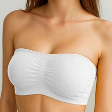 Women Padded Bandeau Sports Tube Top Bra Strapless Wireless Solid Seamless White